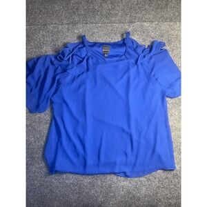 Coco Bianco Blouse Top Women XL Blue Lined Ruffle Cold Shoulder Sleeve Crew Neck